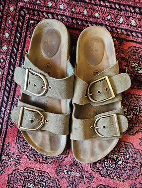 Suede Double-Buckle Slide Sandals in Olive